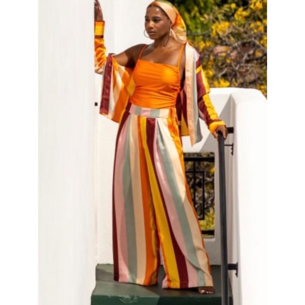 Fe Noel x target Multi-Color Vertical Strip Blouse and Wide Leg Pant Set - Picture 3 of 6